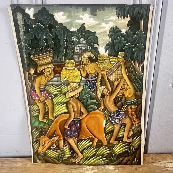 Vintage Balinese Gouache Painting I.BG Rai Bali Village Scene Rice Harvest 11x8” - Picture 9 of 15